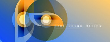 Soyut tasarım özellikleri üst üste binen daireler, gradyanlar. Mavi, turuncu, beyaz renkler modern görsel efektler yaratır. Metin arkaplan tasarımı okur.