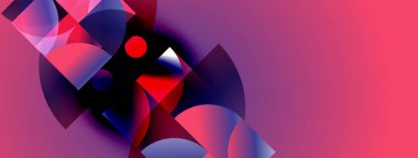 Soyut geometrik şekiller örtüşüyor, canlı renk eğimleri yaratıyor. Pembe arka plan dinamik bileşimi arttırır. Modern tasarım elemanları.