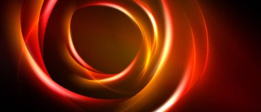 Soyut tasarım eşmerkezli parlayan çizgiler içerir. Sıcak renkler baskın, dinamik görsel etki yaratıyor. Koyu arkaplan aydınlığı artırır.