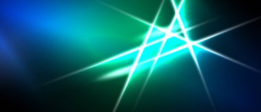 Soyut arkaplanda canlı mavi, yeşil renkler var. Parlak beyaz çizgiler, dinamik ışık efektleri oluşturarak kesişiyor. Koyu alanlar karşıtlık sağlar.