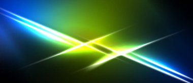 Parlak ışık çizgileri kesişiyor. Canlı mavi, yeşil, sarı renkler koyu arkaplana hakim. Enerji merkezi noktadan yayılıyor.