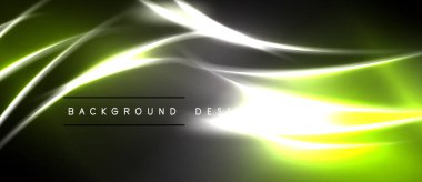 Soyut tasarım, yeşil, sarı ışık çizgileri şeklinde akar. Karanlık arka plan dramatik görsel efektler yaratır. Metin arkaplan tasarımı okur.