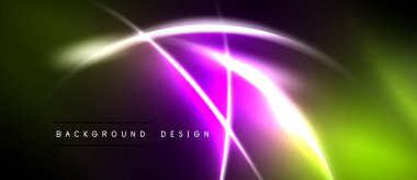 Soyut neon ışıklar enerjik ve dinamik bir arkaplan yaratır. Yeşil, mor renkler parlak çizgilerle harmanlanmış, modern tasarım elementi.