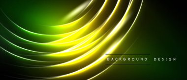 Soyut neon hatları dinamik akış yaratır. Yeşil, sarı gradyanlar enerji ve hareket olduğunu gösteriyor. Koyu arkaplan parlak eğrileri vurgular.