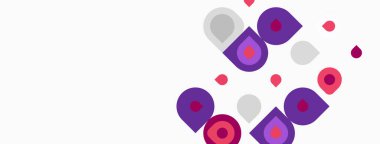 Soyut şekiller, mor ve gri renkler, beyaz arkaplana dağılmış. Minimalist tasarım, modern estetik, basit kompozisyon.