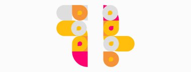 Soyut geometrik tasarım. Daireler, dikdörtgenler biçimlendirilmiş şekilleri birleştirir. Parlak renkler neşeli kompozisyon sunar. Minimalist estetik.