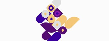 Soyut geometrik şekiller örtüşür, dinamik bileşim yaratır. Mor, altın, gümüş renkleri beyaz arkaplana hakim. Modern tasarım.