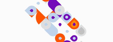 Soyut geometrik şekiller örtüşür ve canlı bir bileşim yaratır. Daireler, kareler, yuvarlak dikdörtgenler dizaynın hakimi. Renkler arasında mor, turuncu, mavi.