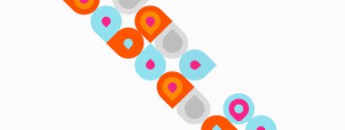 Renkli geometrik şekiller beyaz arkaplan boyunca çaprazlama ilerler. Daireler, kareler, dikdörtgenler eğlenceli desenler oluşturur. Basit tasarım.