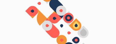 Soyut geometrik şekiller çakışıyor, renkli desenler yaratıyor. Daireler, kareler, dikdörtgenler kompozisyona hakim. Minimalist tasarım, modern estetik.