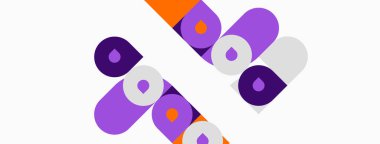 Soyut tasarım mor, turuncu, beyaz şekilleri tekrarlar. Geometrik formlar, dinamik görsel desenler oluşturur. Minimalist estetik.