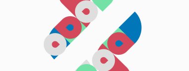 Soyut geometrik şekiller çakışıyor, renkli desenler yaratıyor. Kırmızı, mavi, yeşil elementler beyaz arkaplana hükmediyor. Modern tasarım.