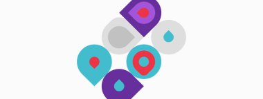 Soyut renkli tasarım, üst üste binen daireler, noktalar, şekiller. Mor, deniz mavisi ve gri renkleri olan minimalist bir kompozisyon. Modern grafik ögesi.