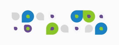 Yatay olarak dizilmiş renkli noktalar. Şekiller farklı boyutlarda, renkler mor, yeşil, mavi, gri. Basit grafik tasarımı.