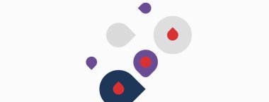 Soyut şekiller, daireler, noktalar. Mor, kırmızı, gri renkler beyaz arkaplana hakim. Minimalist tasarım, basit kompozisyon.