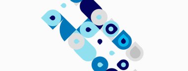 Soyut geometrik şekiller, daireler, kareler kesişir. Mavi gölgeler beyaz arkaplana hakim. Modern tasarım, basit kompozisyon.