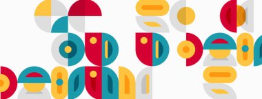 Soyut geometrik şekiller üst üste binerek renkli bir orta yüzyıl modern şablonu yaratıyor. Çemberler, yarı daireler, dikdörtgenler baskın bileşim.