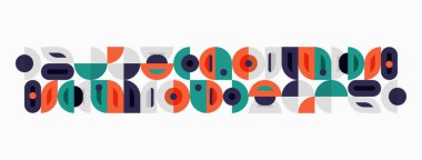 Soyut geometrik desen. Daireler, dikdörtgenler, yarım daireler tekrarlayan dizaynlar yaratır. Sıcak, serin renkler kompozisyona hakim. Minimalist stil.