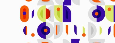 Soyut geometrik desen. Daireler, dikdörtgenler, kareler tekrar ediyor. Turuncu, mor, yeşil renkler tasarımda baskın. Minimalist stil.