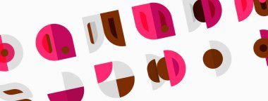 Soyut geometrik şekiller bej arka planda tekrar eder. Çemberler, yarı daireler, dikdörtgenler modern deseni oluşturur. Minimalist tasarım.