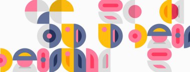 Soyut geometrik şekiller örtüşür, renkli kompozisyon oluşturur. Daireler, dikdörtgenler, yarım daireler dizaynın hakimi. Yumuşak pastel renkler mevcut.