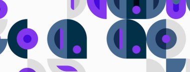 Soyut desenler üst üste binen daireler, yarı daireler. Mor, mavi renkler beyaz arkaplana hakim. Modern, geometrik tasarım.