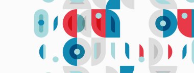 Soyut geometrik şekiller, daireler, dikdörtgenler örtüşüyor. Mavi, kırmızı, deniz mavisi renkler dizaynda baskın. Minimalist desen modern estetik yaratır.