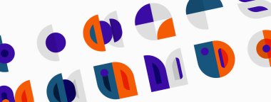 Soyut geometrik şekiller tekrar eder. Çemberler, yarı daireler, dikdörtgenler eğlenceli desenler oluşturur. Renkler arasında turuncu, mor, gri.