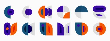 Soyut geometrik şekiller, değişik renkler, yatay olarak sıralanmış. Minimalist tasarım, düz çizim, modern estetik.