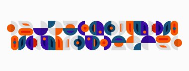 Soyut geometrik desen. Şekiller daireler, kareler, dikdörtgenler, çizgiler içerir. Renkler turuncu, mor, mavi, deniz mavisi. Minimalist tasarım.