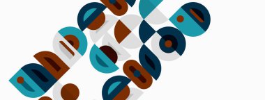 Soyut geometrik desen. Daireler, yarı daireler, dikdörtgenler dinamik bileşim oluşturur. Teal, kahverengi, bej renkler dizaynda baskın.