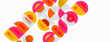 Renkli soyut tasarım özellikleri üst üste binen geometrik şekiller, oyuncu harfler oluşturur. Parlak renkler dinamik görsel etki yaratır.