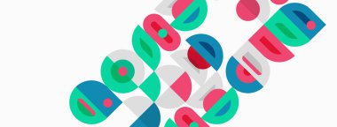 Soyut geometrik şekiller çakışıyor, renkli desenler yaratıyor. Kareler, daireler, dikdörtgenler dinamik bileşim oluşturur. Parlak renkler tasarıma hakim..