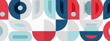 Soyut geometrik desen. Çemberler, kareler, kıvrımlar tekrarlanan dizaynlar yaratır. Mavi, kırmızı, gri renkler kompozisyona hakim. Minimalist stil.