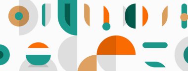 Soyut geometrik şekiller, sessiz renkler, modern tasarım. Kompozisyon daireler, dikdörtgenler, kıvrımlar, üst üste binen formlar içerir. Minimalist estetik.