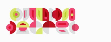 Soyut geometrik şekiller, pembe, sarı, yeşil. Üst üste binen daireler, dikdörtgenler oyuncu tasarım yaratır. Minimalist estetik, modern tarz.