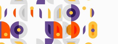 Soyut geometrik desen. Çemberler, ovaller, çizgiler eğlenceli bir kompozisyon oluşturur. Sönük mor, turuncu, gri tonlar dizaynın hakimi.