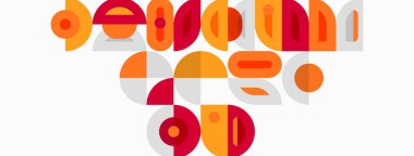 Soyut geometrik şekiller kelime oluşturur. Sıcak renkler kompozisyona hakim, modern estetik yaratıyor. Minimalist tasarım, basit biçimler.