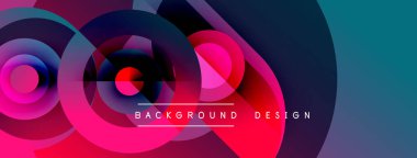 Soyut renkli daireler çakışıyor, dinamik görsel efekt yaratıyor. Modern tasarım canlı pembeler, maviler, morlar içerir. Metin arkaplan tasarımı okur.