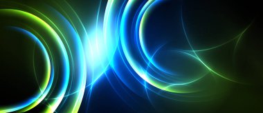 Soyut parlayan çizgiler, daireler, kıvrımlar dinamik enerji yaratır. Canlı mavi, yeşil renkler koyu arkaplana hakim. Parlaklık şiddetle zıtlaşıyor.