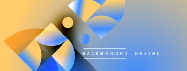 Soyut geometrik şekiller turuncu ve mavi renkleri harmanlarlar. Gradyan arka plan modern görsel efekt yaratır. Metin arkaplan tasarımı okur.