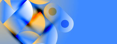 Soyut şekiller örtüşür, parlak mavi, turuncu ve gri kompozisyon yaratır. Yumuşak eğimler derinlik ve modern tasarım estetiğini akla getiriyor.