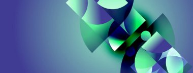 Üst üste binen şekiller, gradyanlar içeren soyut kompozisyon. Maviler, yeşiller dinamik görsel efekt yaratır. Modern tasarım ögesi.