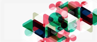 Soyut geometrik şekiller örtüşüyor, canlı renk kalıpları yaratıyor. Yumuşak pembeler, yeşiller, maviler beyaz arkaplanda pürüzsüzce harmanlanır.