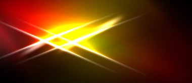 Parlak soyut çizgiler kesişiyor. Sarı, turuncu, kırmızı renkler koyu arkaplana hakim. Dinamik enerji merkezi noktadan yayılır.