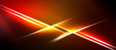 Parlak ışık çizgileri kesişiyor. Turuncu, kırmızı renkler koyu arkaplana hakim. Yoğun enerji merkezi noktadan yayılır.