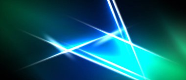 Soyut parlak çizgiler kesişiyor ve dinamik üçgen şekiller oluşturuyor. Canlı maviler, koyu arka planda yeşiller baskın. Enerji yayılıyor.