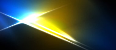 Parlak ışık çizgileri karanlık arka planda kesişir. Mavi, sarı renkler kompozisyona hakim. Enerjik görsel efekt dinamik karşıtlık yaratır.