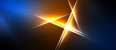 Parlak ışıklar kesişiyor. Mavi, turuncu renkler koyu arkaplana hakim. Soyut enerji merkezi noktadan yayılır. Canlı, dinamik bileşim.