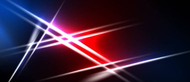 Soyut tasarım koyu arkaplan ile kesişen parlak çizgiler içerir. Kırmızı, mavi, beyaz renkler dinamik görsel efekt yaratır. Modern, enerjik kompozisyon.